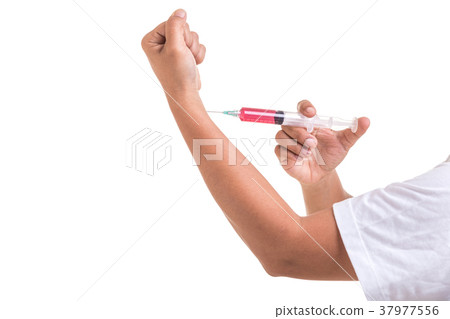 Fat woman holding syringe and inject red drug to her wrist isolated on white 37977556