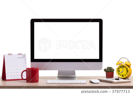 Modern desktop computer, Coffee cup, alarm clock, notebook and calendar on wooden table. Studio shot isolated on white. Blank screen for graphics display montage 37977713