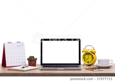 Modern laptop computer, Coffee cup, alarm clock, notebook and calendar on wooden table. Studio shot isolated on white. Blank screen for graphics display montage Modern laptop computer, Coffee cup, alarm clock, notebook and calendar on wooden table. Studio shot isolated on white. Blank screen for graphics display montage 37977715