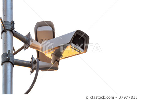 Security CCTV camera set up on the metal pole at public area and isolated on white 37977813