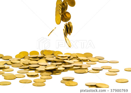 Falling gold coins money isolated on the white Falling gold coins money isolated on the white 37980769