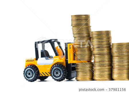 Mini forklift truck loading stack coin with coin Mini forklift truck loading stack coin with coin 37981156