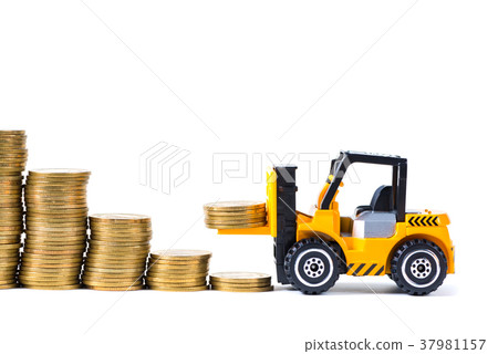 Mini forklift truck loading stack coin with coin Mini forklift truck loading stack coin with coin 37981157