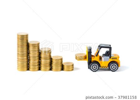 Mini forklift truck loading stack coin with coin Mini forklift truck loading stack coin with coin 37981158
