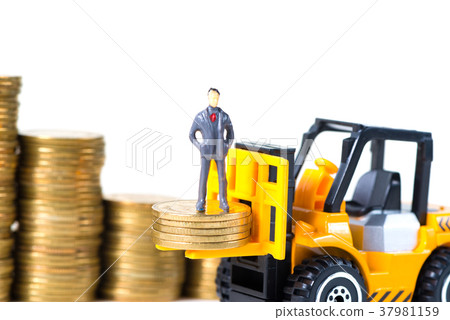 Mini forklift truck loading stack coin with coin Mini forklift truck loading stack coin with coin 37981159