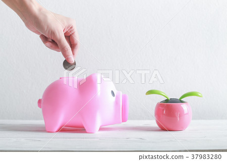Hand putting a coin into a piggy bank. 37983280
