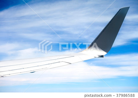 White wing of the plane On the blue sky background 37986588