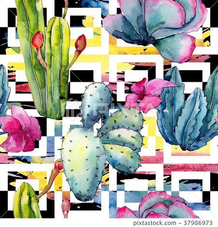 Exotic wildflower cactus pattern in a watercolor Exotic wildflower cactus pattern in a watercolor 37986973