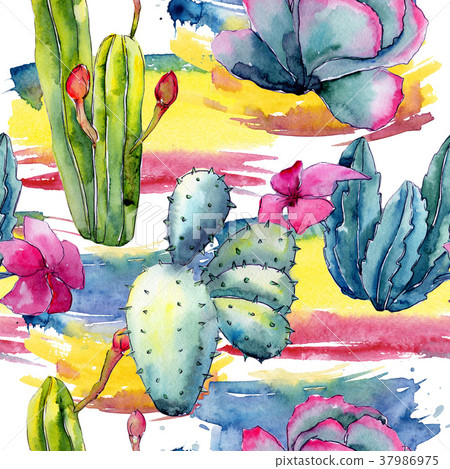 Exotic wildflower cactus pattern in a watercolor Exotic wildflower cactus pattern in a watercolor 37986975