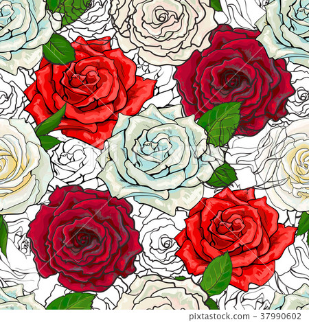 Vector hand drawn rose seamless pattern - Stock Illustration [37990602 ...