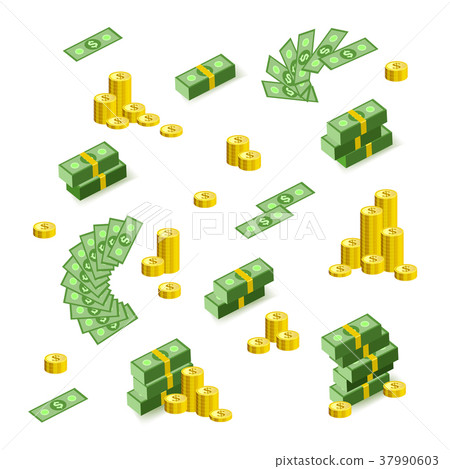 Vector flat cash money pile, golden coins Vector flat cash money pile, golden coins 37990603