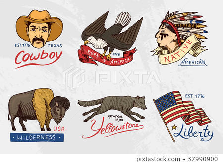 native american set. old, labels or badges for 37990900