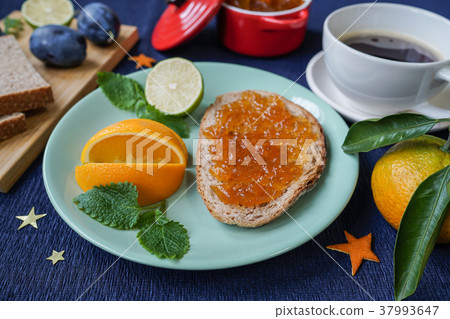 New Year's breakfast, coffee, bread, jam. New Year's breakfast, coffee, bread, jam. 37993647