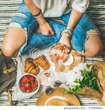 Outdoor gathering concept with wine and french 37994083