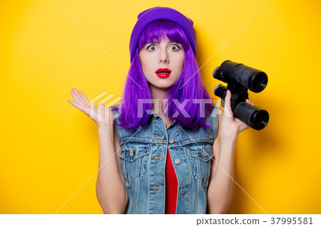 hipster girl with purple hair and binoculars 37995581