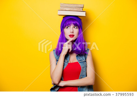 hipster girl with purple hairstyle with books hipster girl with purple hairstyle with books 37995593