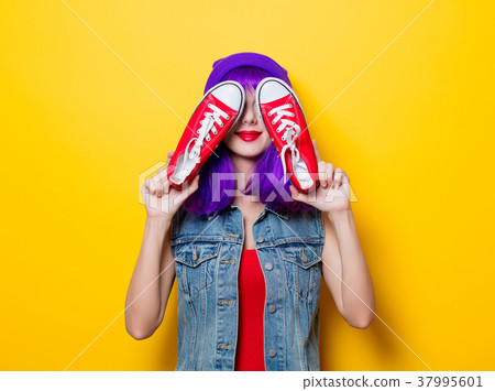 hipster girl with purple hair and red gumshoes 37995601