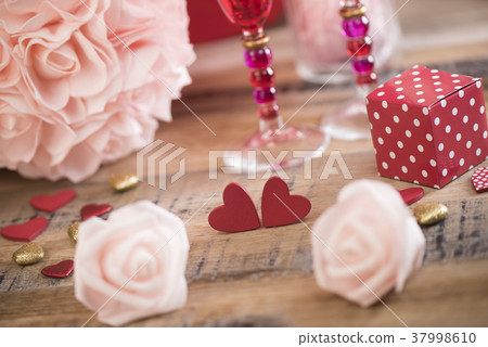 Happy valentine day hearts on wooden background, greeting card love concept Happy valentine day hearts on wooden background, greeting card love concept 37998610