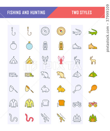 Set Vector Flat Line Icons Fishing and Hunting - Stock Illustration ...
