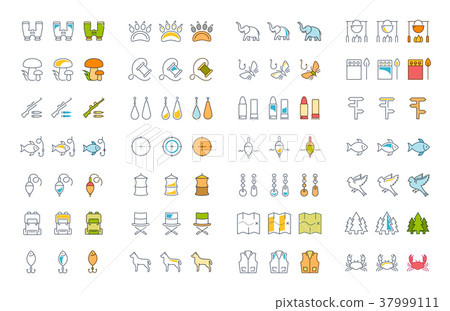 Set Line Icons Mushrooming, Fishing and Hunting Set Line Icons Mushrooming, Fishing and Hunting 37999111