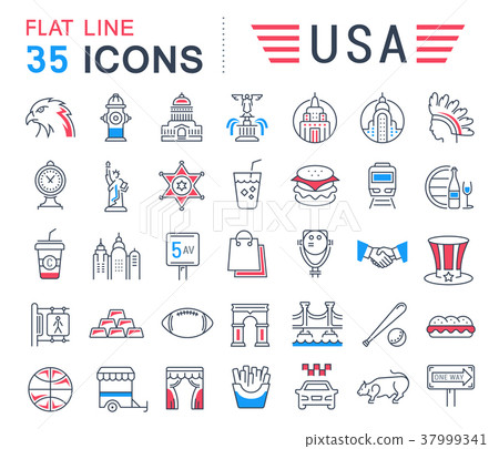 Set Vector Flat Line Icons USA and America Set Vector Flat Line Icons USA and America 37999341