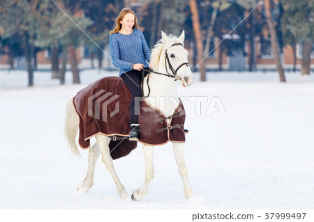 Young teenage girl with white horse in winter park Young teenage girl with white horse in winter park 37999497