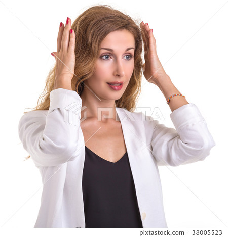 Beautiful caucasian woman wear white shirt and jeans. Studio shot isolated on white 38005523