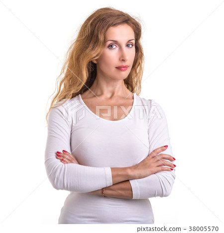 Beautiful caucasian woman wear white shirt and jeans. Studio shot isolated on white 38005570