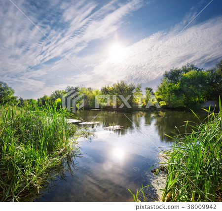 The bay on the river with green trees on the shore The bay on the river with green trees on the shore 38009942