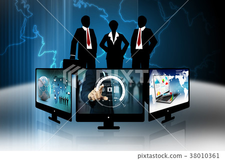 Businessman pressing virtual buttons Businessman pressing virtual buttons 38010361