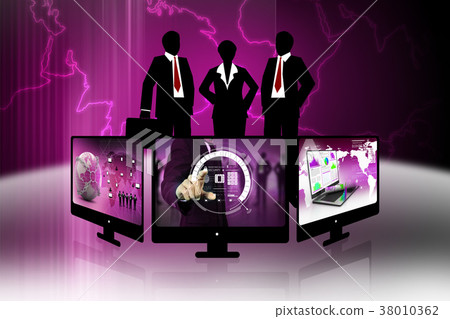 Businessman pressing virtual buttons Businessman pressing virtual buttons 38010362