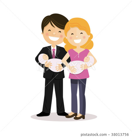 插图素材: happy parents with twin baby girls
