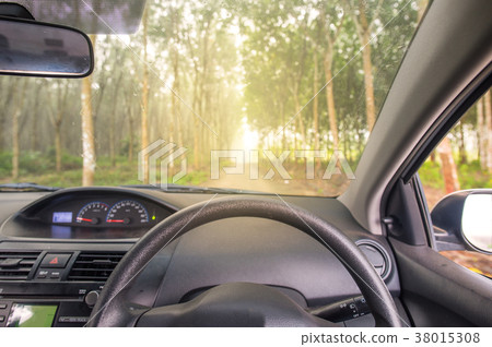 steering wheel and road through the forest. 38015308