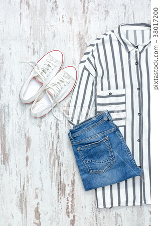 White and blue striped shirt, white sneakers White and blue striped shirt, white sneakers 38017200