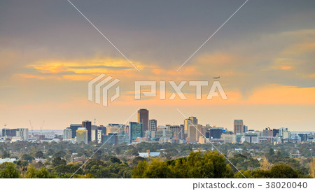Adelaide city skyline view at sunset 38020040
