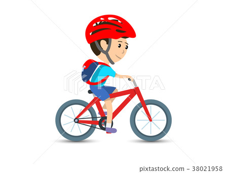 Teen kid school boy cycling on bicycle wearing Stock