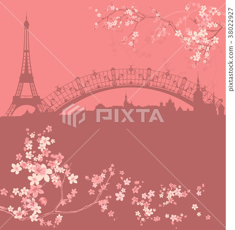 spring Paris city among blooming flowers vector 38022927