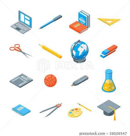 School Equipments and Tools Icons Set Isometric 38026547