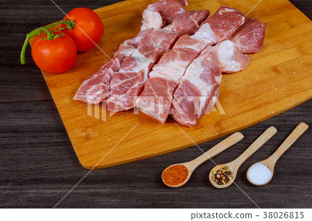Fresh raw pork fat ready cutting board, spices 38026815