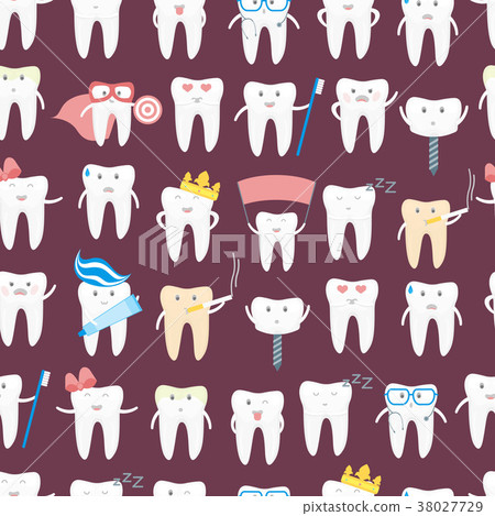 Cartoon Tooth Seamless Pattern Background. Vector 38027729