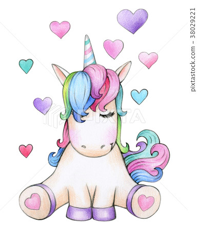 Cute sitting unicorn cartoon with hearts. 38029221