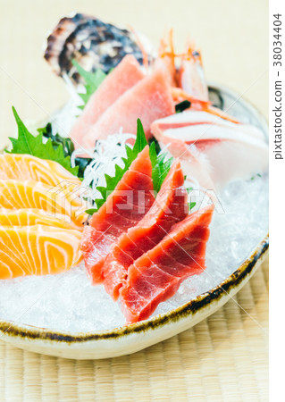 Raw and fresh salmon tuna and other sashimi fish meat 38034404
