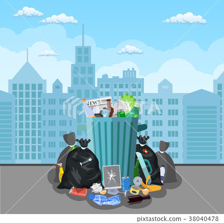 Steel garbage bin full of trash. 38040478