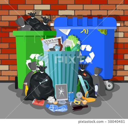 Steel garbage bin full of trash. 38040481