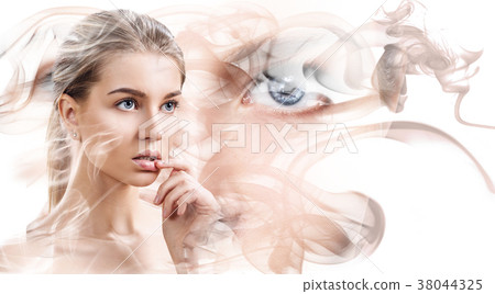 Double exposure portrait of woman and smoke. 38044325