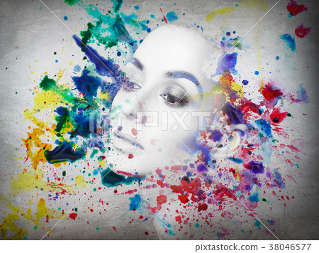 Double exposure of woman and watercolor paint 38046577