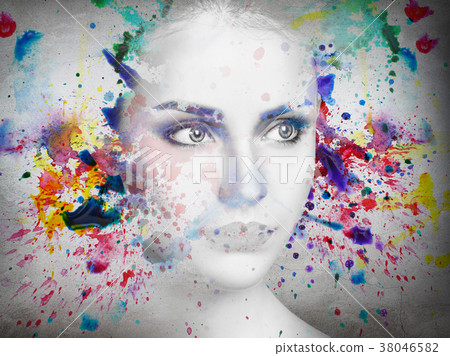 Double exposure of woman and watercolor paint 38046582