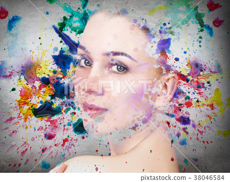 Double exposure of woman and watercolor paint 38046584
