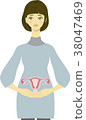 Female illustration 2 putting a hand on the womb 38047469