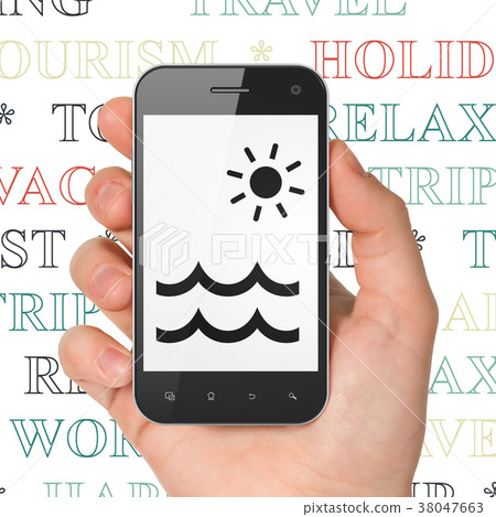 Travel concept: Hand Holding Smartphone with Beach 38047663